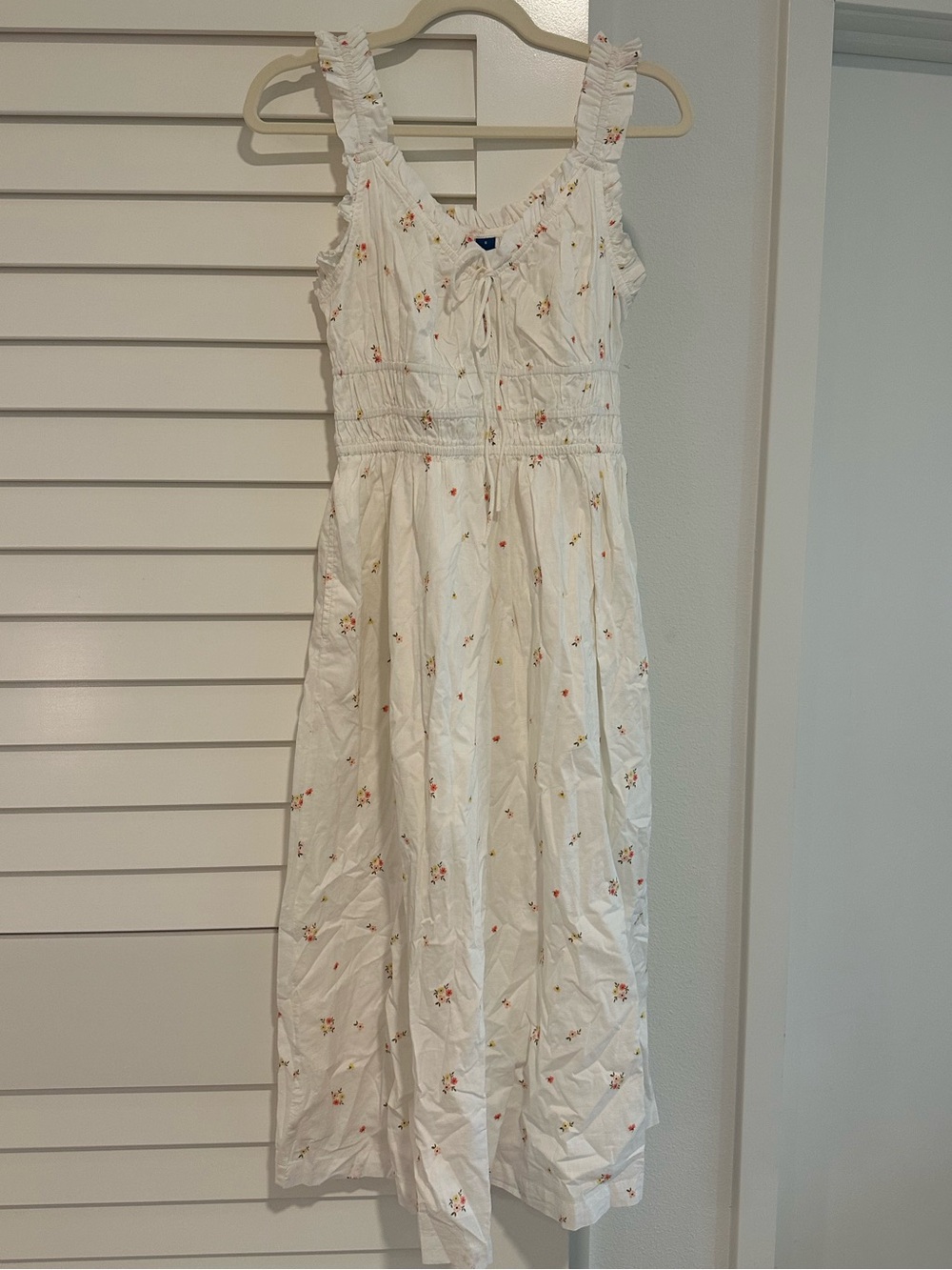 100% Cotton  White Floral Ruffle-Neck Sundress